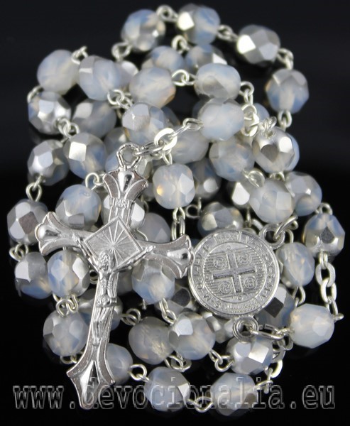 Rosary - 6mm white+silvering faceted fire-polished glass beads