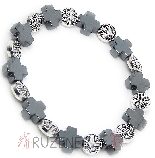 Hematite Rosary Bracelet on elastic Cross +  St. Benedict beads