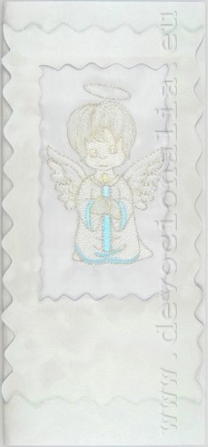 Embroidered greeting card 10x21cm - Angel+candle - blue