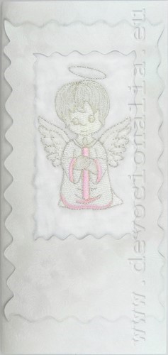 Embroidered greeting card 10x21cm - Angel+candle - pink