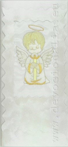 Embroidered greeting card 10x21cm - Angel+candle - gold