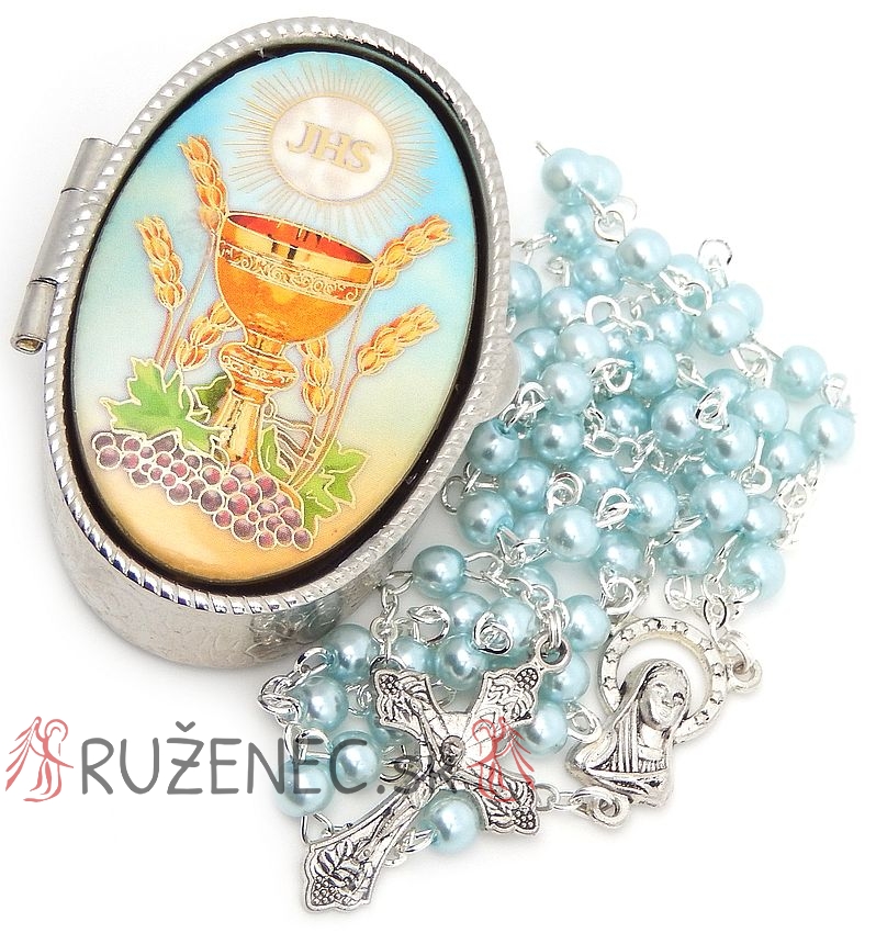 Rosary with zinc alloy box - First Communion - IHS