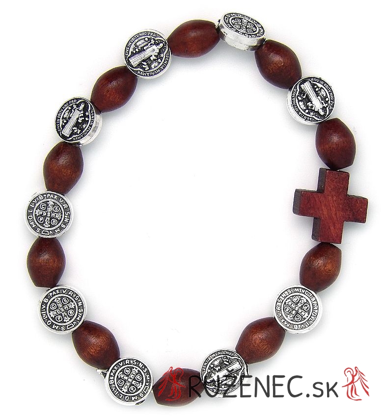 Brown wood Rosary Bracelet on elastic -  St. Benedict beads