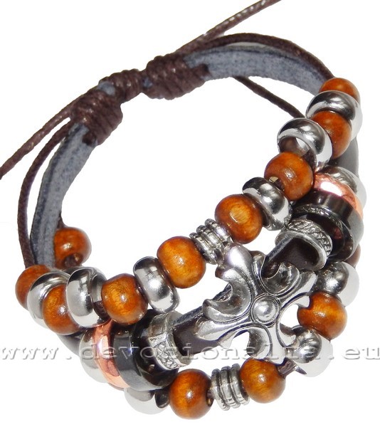 Christian Leather Bracelet -  with wooden beads