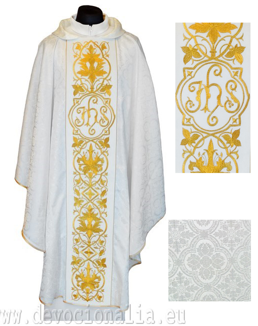 Chasuble white - embroidery IHS + flowers