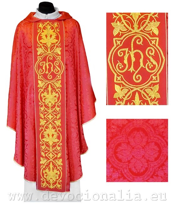 Chasuble red - embroidery IHS + flowers