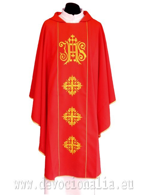 Chasuble red - embroidery IHS + crosses