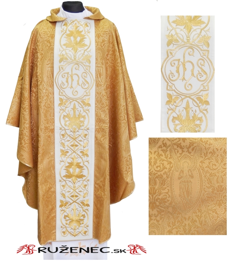 Gold Chasuble - embroidery IHS + flowers - brokat