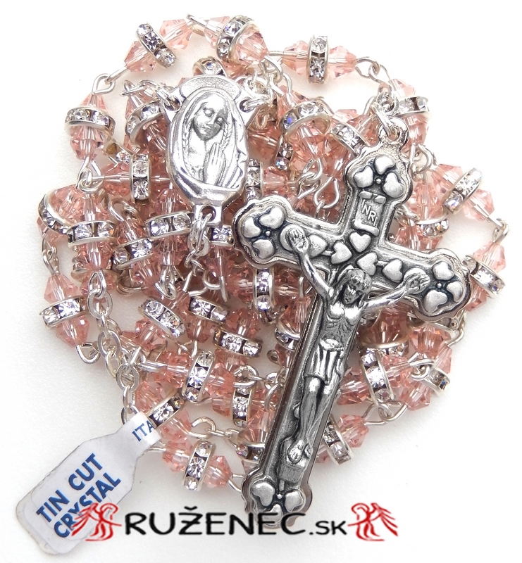 Rosary - 6x8mm pink semi-crystal with white rhinestones