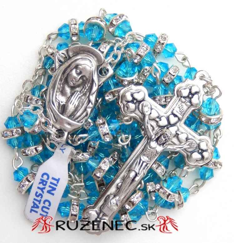 Rosary - 6x8mm aquamarine semi-crystal with white rhinestones