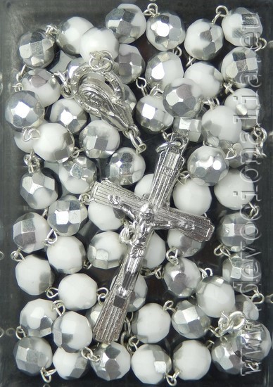 Rosary - 6mm white+silver faceted fire-polished glass beads