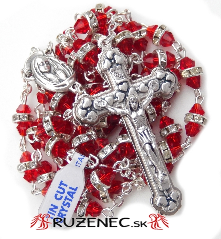 Rosary - 6x8mm red semi-crystal with white rhinestones