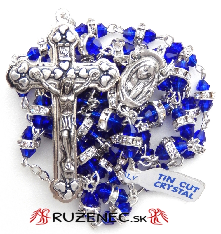 Rosary - 6x8mm blue semi-crystal with white rhinestones