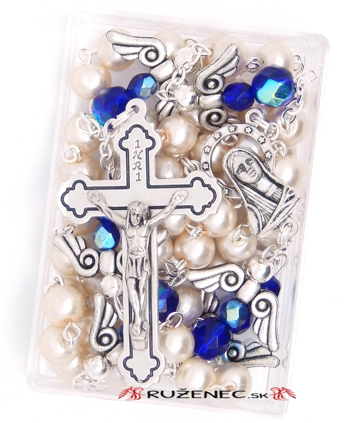 Rosary - 7mm white pearlescent beads + Angels M