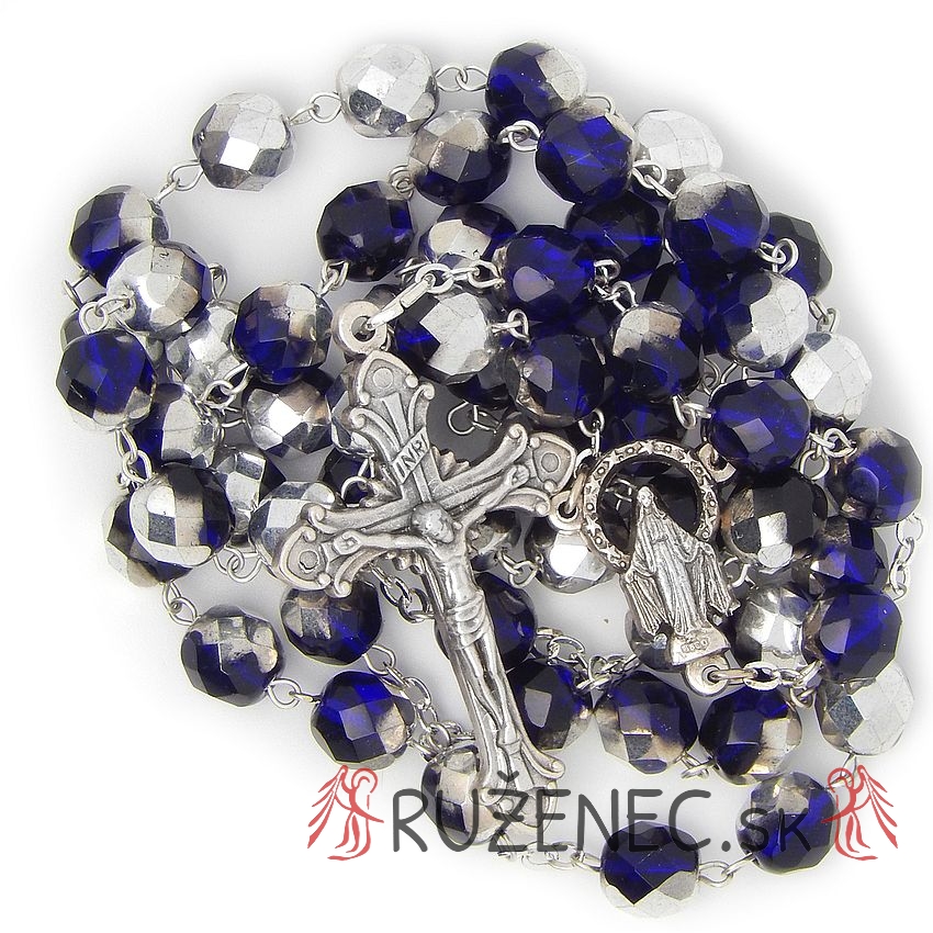 Rosary - 8mm blue+silver faceted fire-polished glass beads
