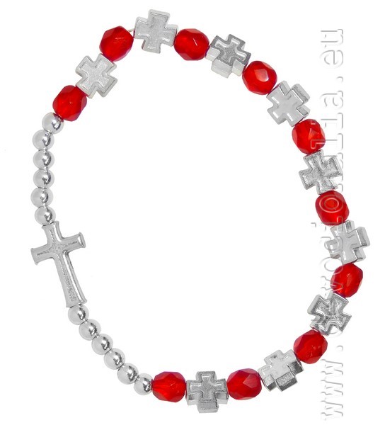 Rosary Bracelet on elastic - red + crosses