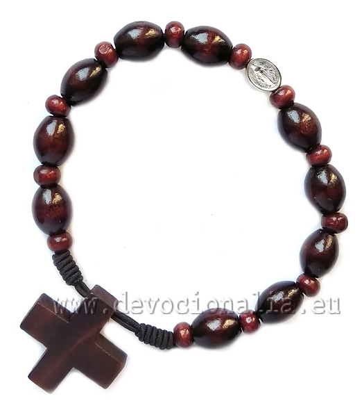 Wood Rosary Bracelet on elastic dark brown