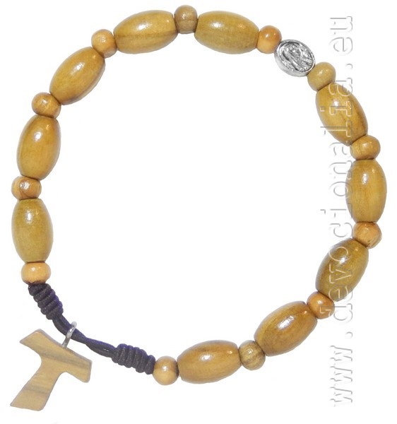 Wood Rosary Bracelet on elastic + Tau cross