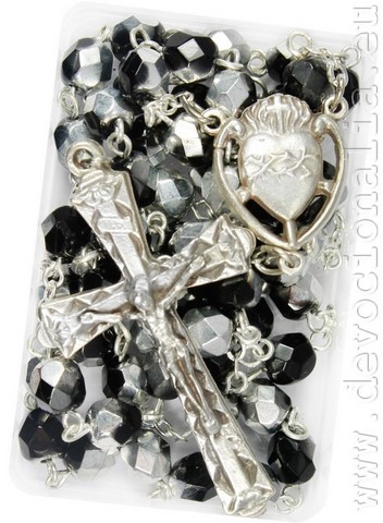 Rosary - 6mm black+silvering faceted fire-polished glass beads