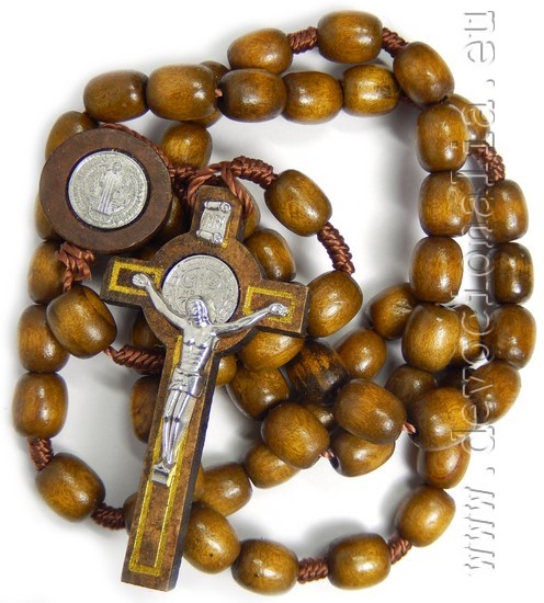 Wood knotted rosary  light brown - St. Benedict