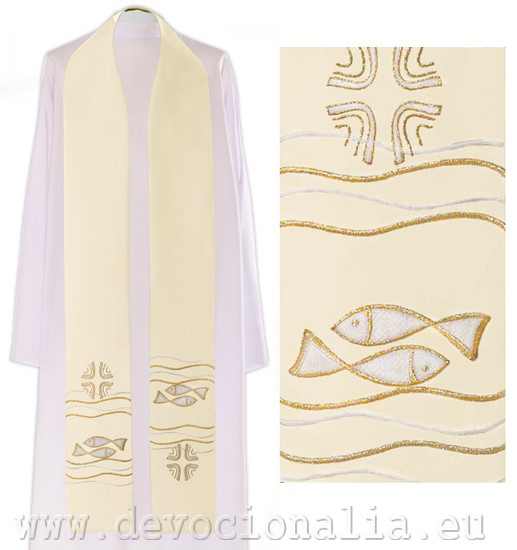 Stole white ecru  with embroidery - the fish