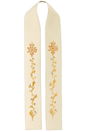 Stole white cecru with embroidery - IHS + flowers