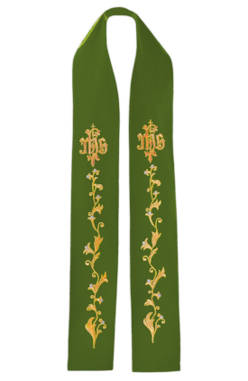 Stole green with embroidery - IHS + flowers