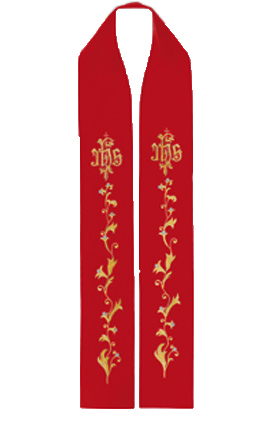 Stole red with embroidery - IHS + flowers