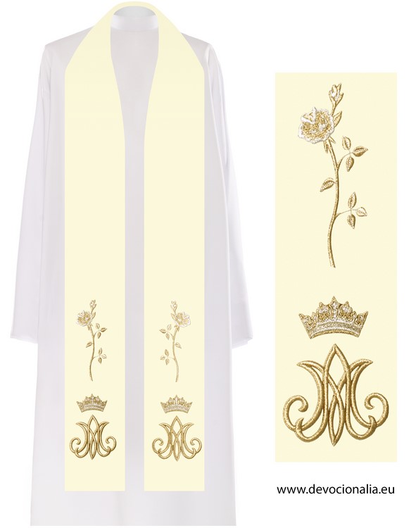 Stole white ecru  with embroidery - Maria monogram with rose