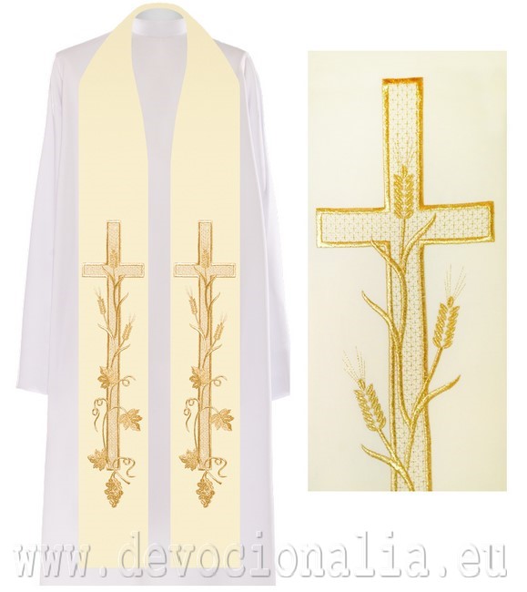 Stole white ecru  with embroidery - cross + cobs 2
