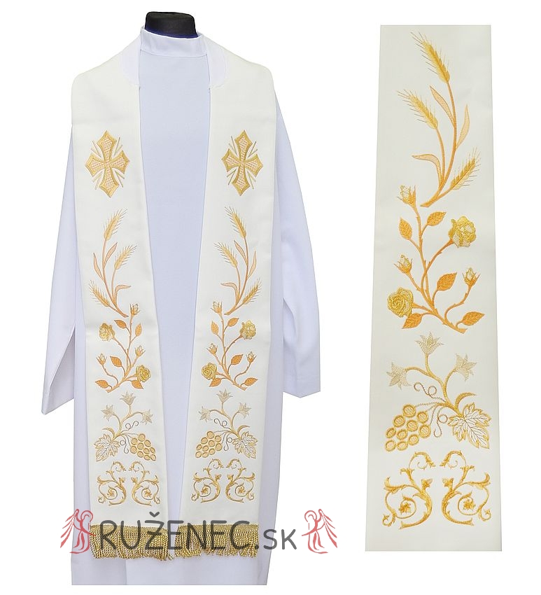 Stole white ecru  with embroidery - cross + cobs + flowers