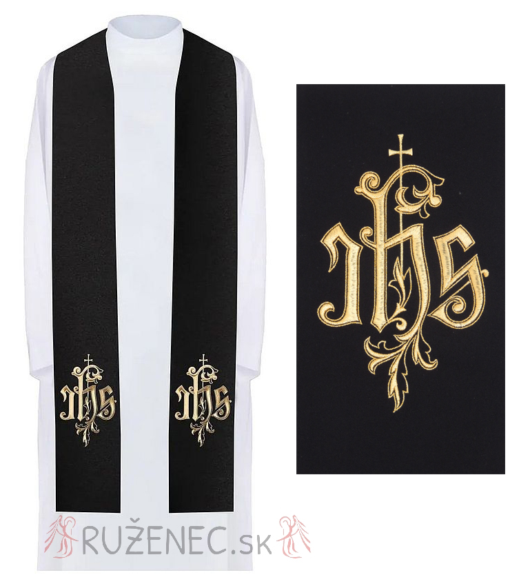 Stole black ecru  with embroidery - IHS +