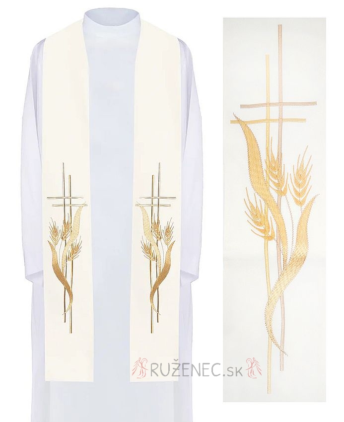 Stole white ecru  with embroidery - cross + cobs