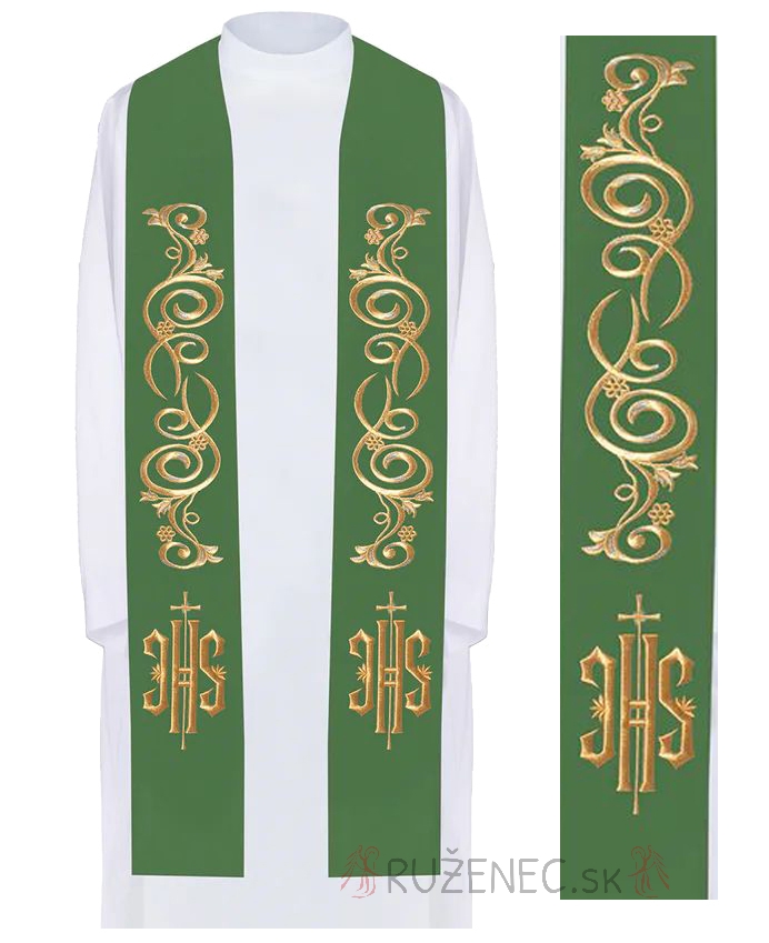 Stole green with embroidery - IHS + ornament