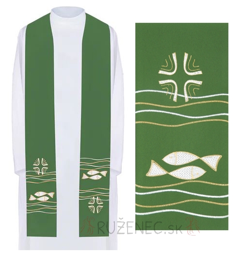 Stole green  with embroidery - the fish