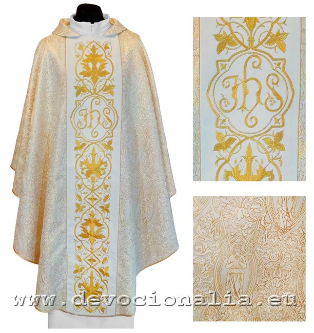 Gold Chasuble - embroidery IHS + flowers