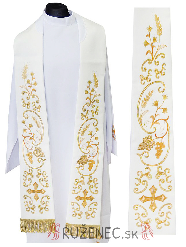 Stole white ecru  with embroidery - cross + cobs + grapes