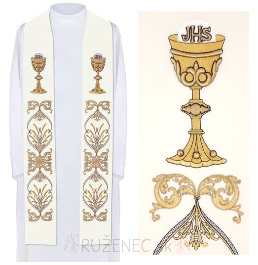 Stole white ecru with embroidery - The Eucharist