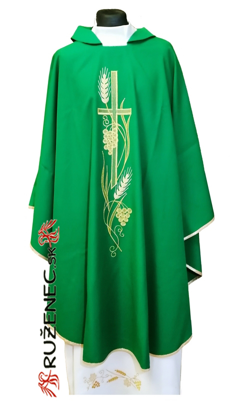 Chasuble green - embroidery cross + wine + ears