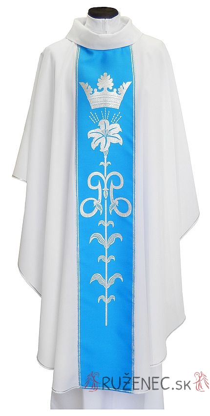 Biely mariánsky ornát - s modrým brokátovým pásom
