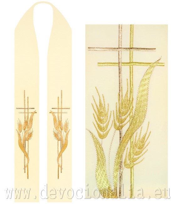 Štóla biela s výšivkou - kríž + klasy pšenice